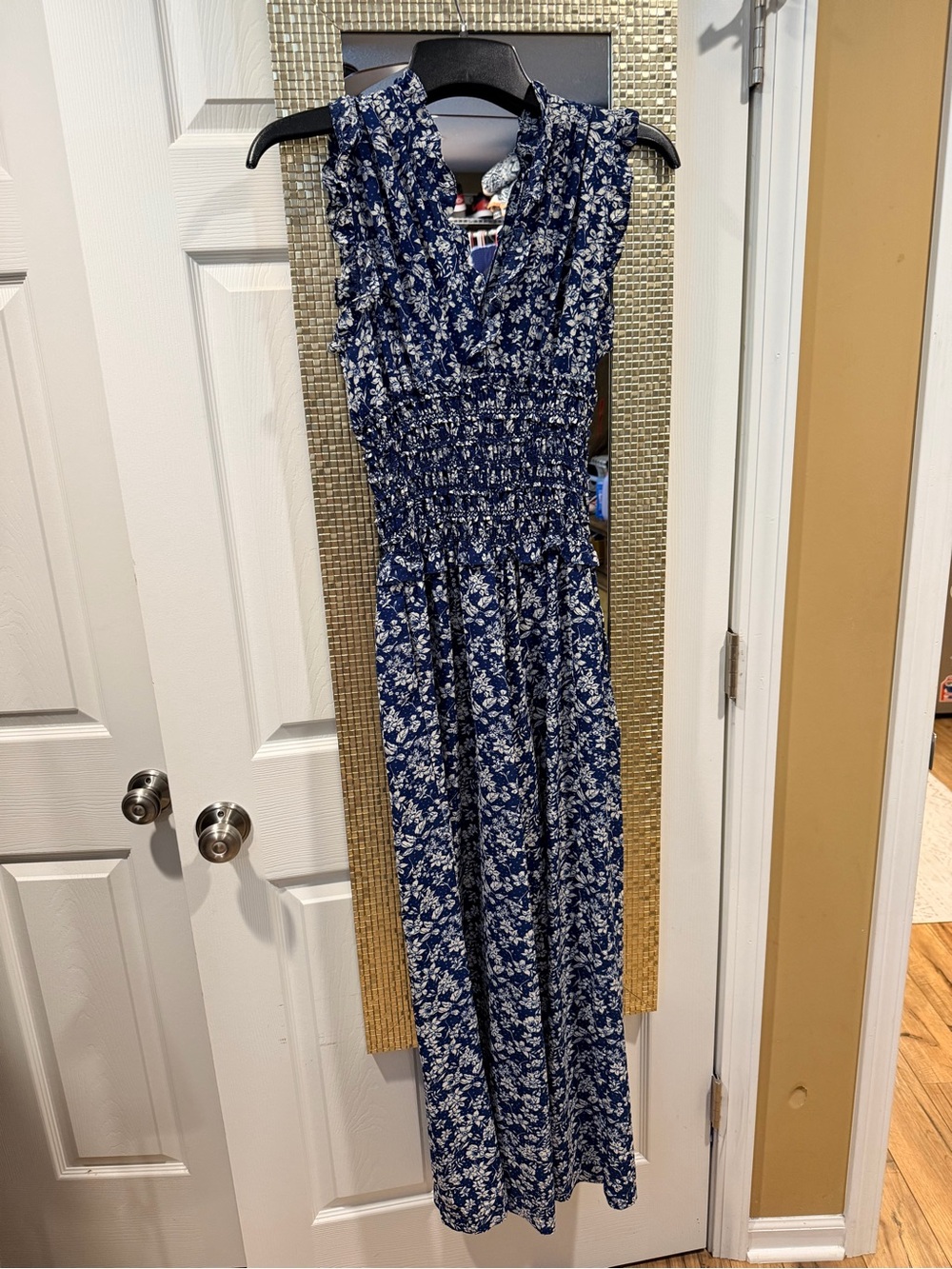 Max Studio Navy and White Floral Smocked-Waist Jumpsuit - Picture 7 of 7